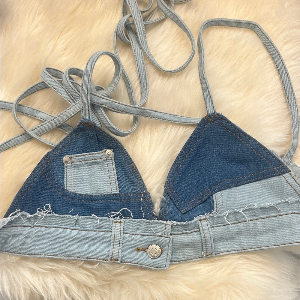 Handmade Festival Coachella Burning Man Style Denim Patchwork Bralette Size M/L